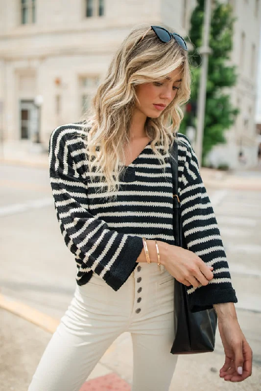 Take The Long Way Black and Ivory Lightweight Knit Striped Sweater