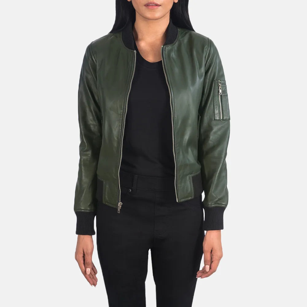 Bomber Vintage Green Leather Jacket with Zipper Closure