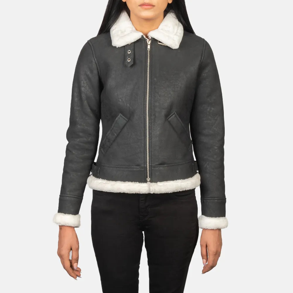 Bomber Black & White Leather Jacket Women with Zipper Closure