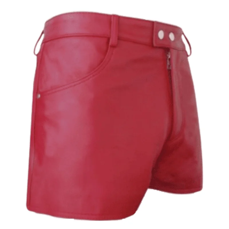 Women Red Leather Shorts with Pockets