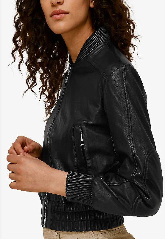 Women's Black Leather Bomber Jacket