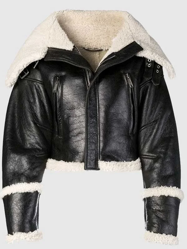 Women’s Black Leather Cropped Wide Shearling Collar Jacket