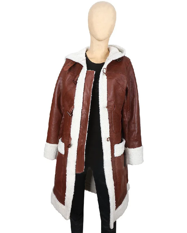 Women’s Brown Leather Shearling Hooded Coat