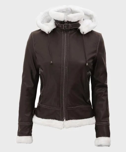 Womens Dark Brown Shearling Jacket with hood