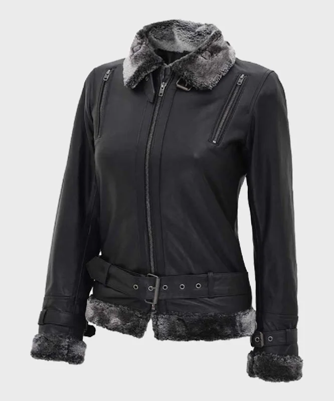 Womens Designer Soft Shearling Black Leather Jacket