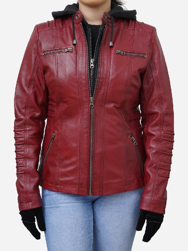 Women's Red Real Lambskin Hooded Leather Jacket