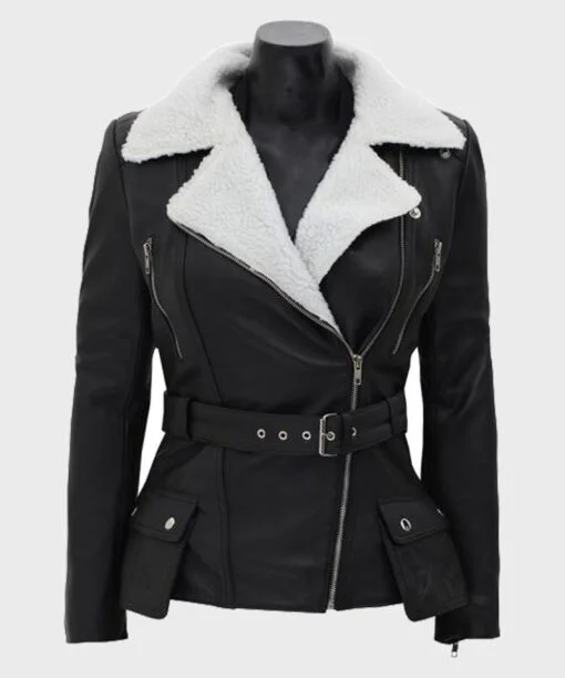 Womens Shearling Leather Black Belted Biker Jacket