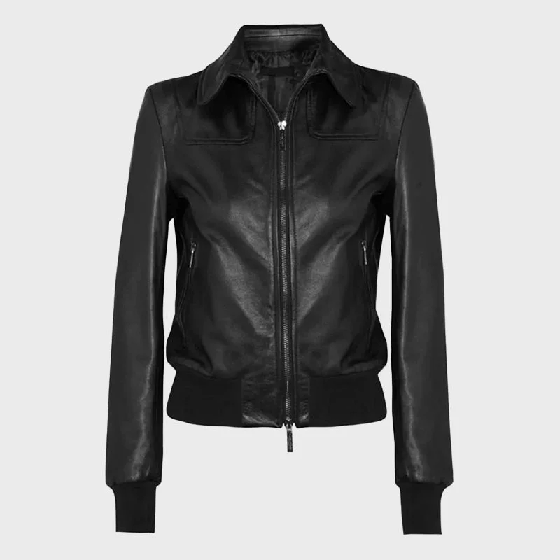 Women's Shirt Style Collar Bomber Leather Jacket