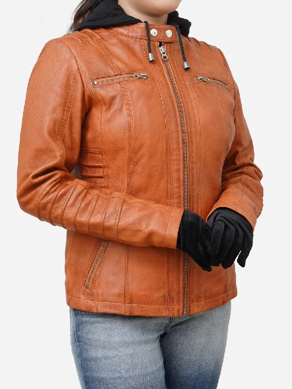 Women's Tan Brown Real Lambskin Hooded Leather Jacket