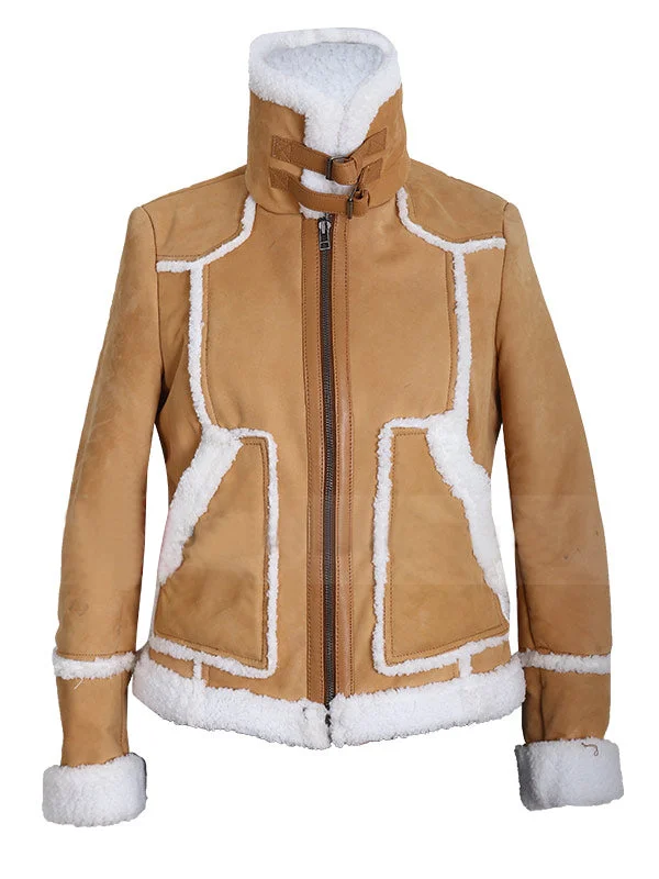 Women’s Tan Shearling Trim Suede Leather Jacket