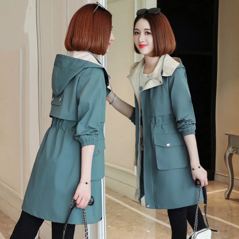 2020 New Fashion Women's Spring Jacket Female Tops Korean Style Waist Mid-Long Women's Windbreaker Coat Hooded Overcoat Blue Y11