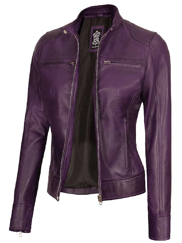 Dodge Women Biker Purple Leather Jacket