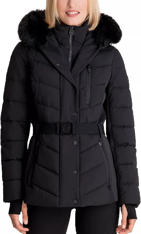 Michael Michael Kors Women's Faux Fur Belted Scuba Coat, Black, L