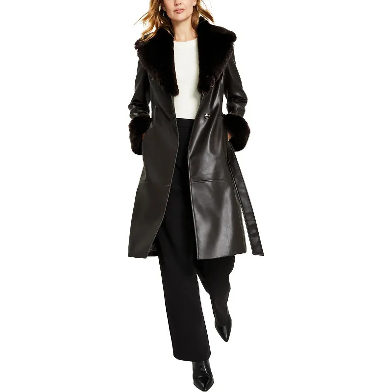 Womens Faux Leather Midi Trench Coat