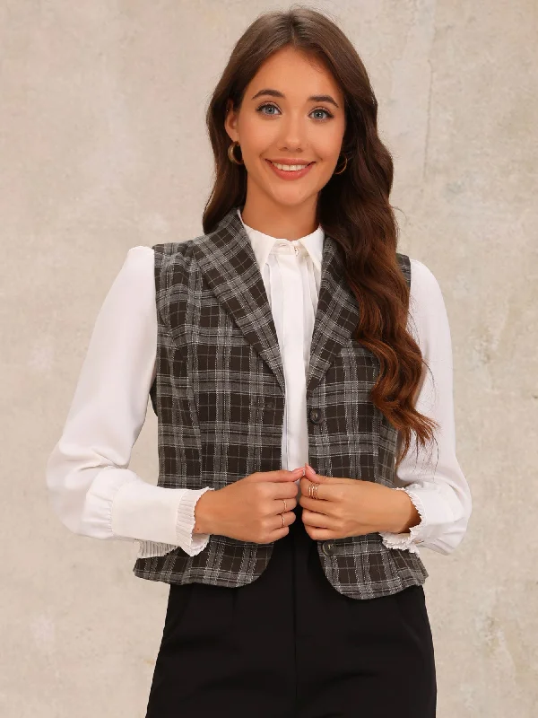 Plaidf Shawl Collar Button Down Sleeveless Vintage Waistcoat Vest